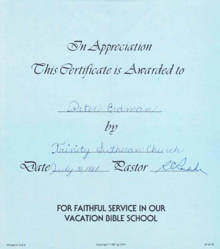 Sunday school certificate